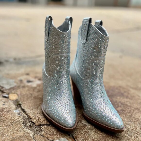 New Silver Rhinestone Embellished Cowgirl Western Ankle Boots Booties Block Heel - Picture 7 of 7